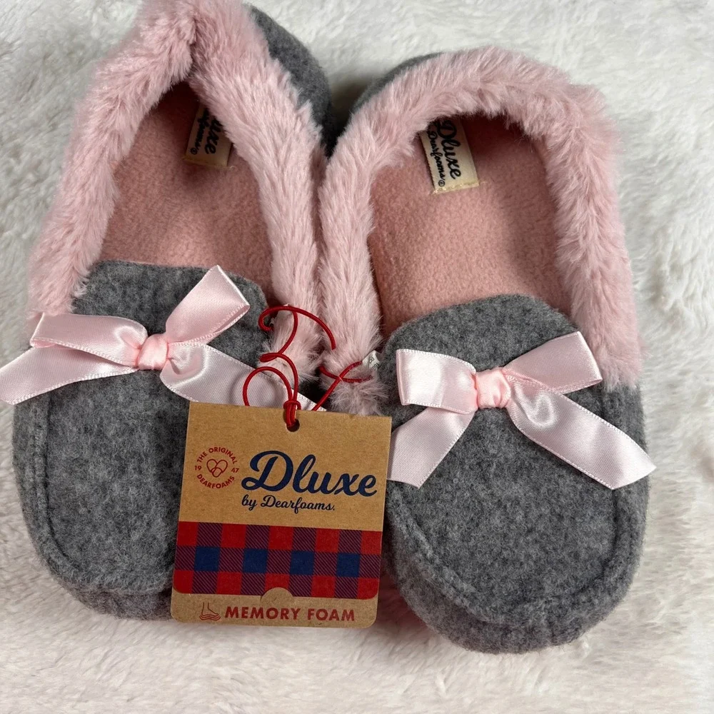 Dluze by Dearfoams Memory Foam Slippers‎ Pink Bow Gray Cozy Plush Size US 13-1